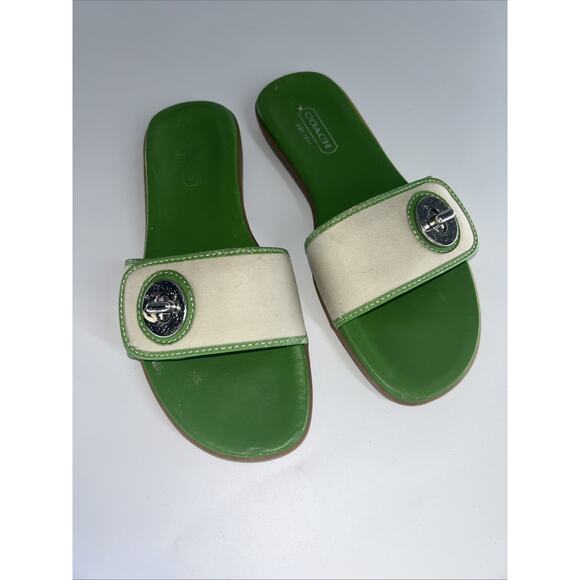 Coach Shoes - Coach Gabriella Green And Cream Turn Lock Slides. Sz 7.5 Read Description
